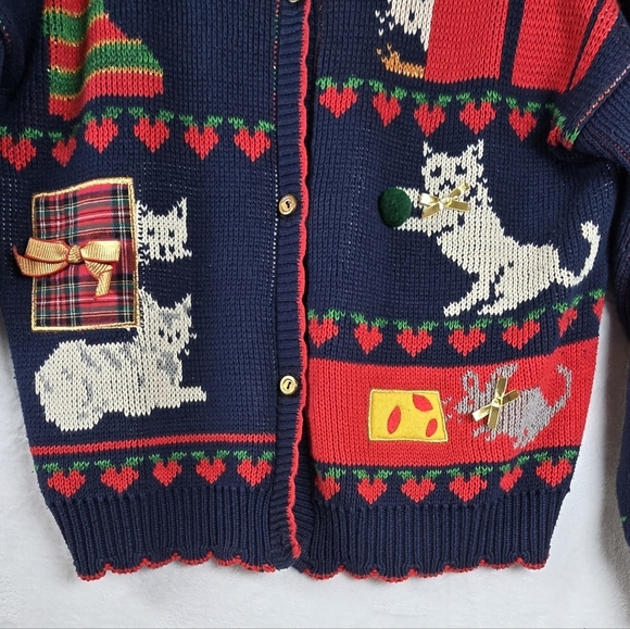 Vintage 90s Ugly Christmas Instarsia Knit Cat Cardigan Sweater Granny Festive L - Picture 4 of 16